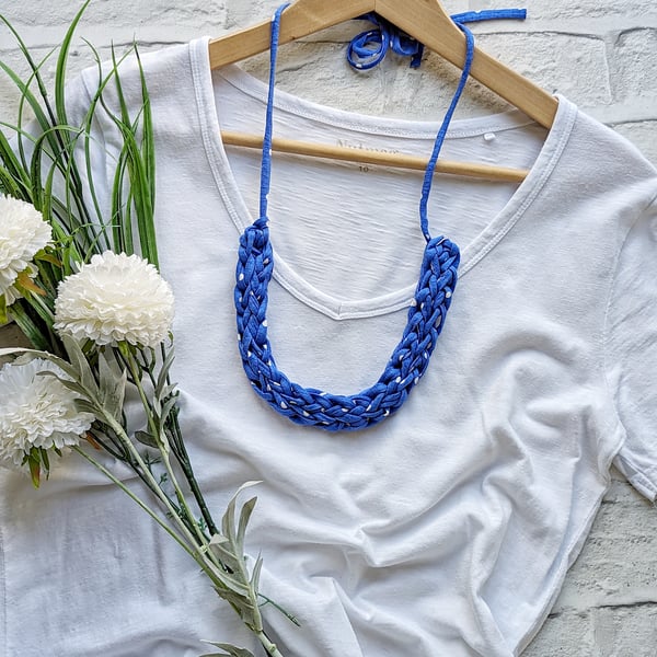 Royal Blue & White Polka Dot Woven Necklace - T Shirt Yarn