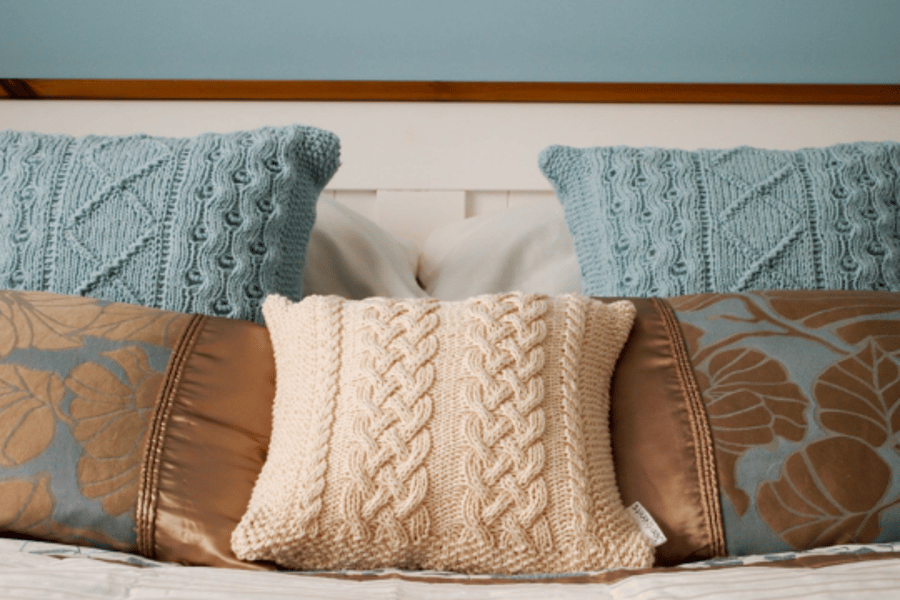 SOLD - Hand Knitted Cream Aran design cushion 12"x12"