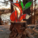 Hand made stained glass fox on a light up tree stump
