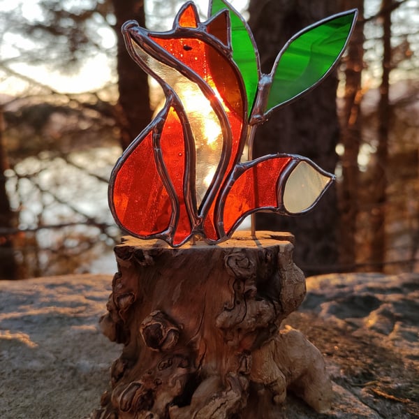 Hand made stained glass fox on a light up tree stump
