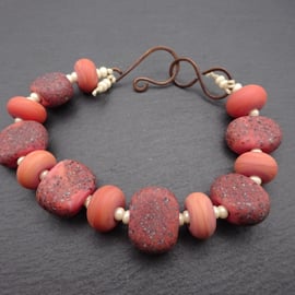 lampwork glass coral pink bracelet, copper jewellery