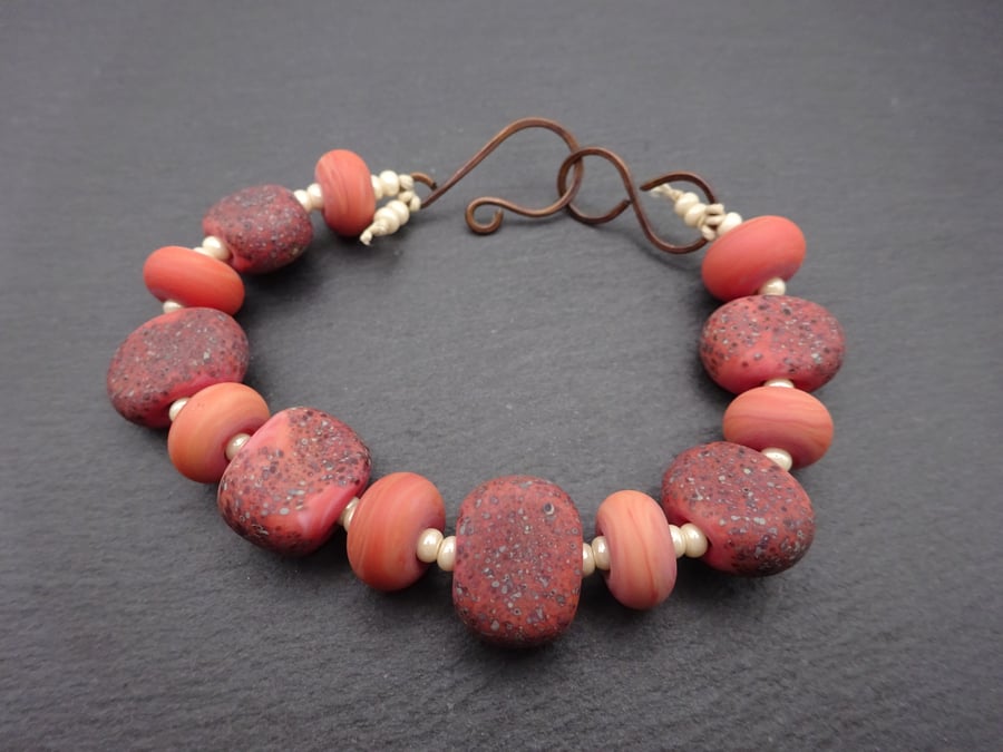 lampwork glass coral pink bracelet, copper jewellery