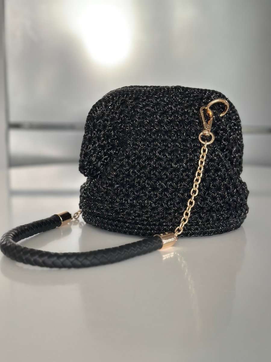 Handmade Crochet Evening Bag - Mini Elegant Shoulder Bag - Black Crochet Purse 