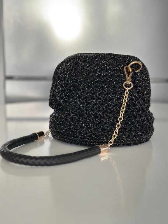 Handmade Crochet Evening Bag - Mini Elegant Shoulder Bag - Black Crochet Purse 