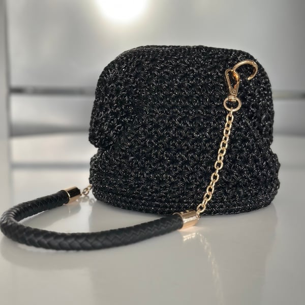 Handmade Crochet Evening Bag - Mini Elegant Shoulder Bag - Black Crochet Purse 