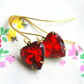 Red Vintage Heart  Glass Earrings 