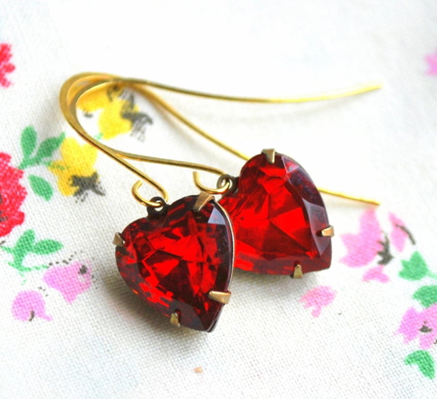 Red Vintage Heart  Glass Earrings 