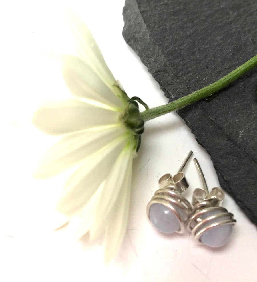 Sterling Silver Blue Lace Agate Stud Earrings