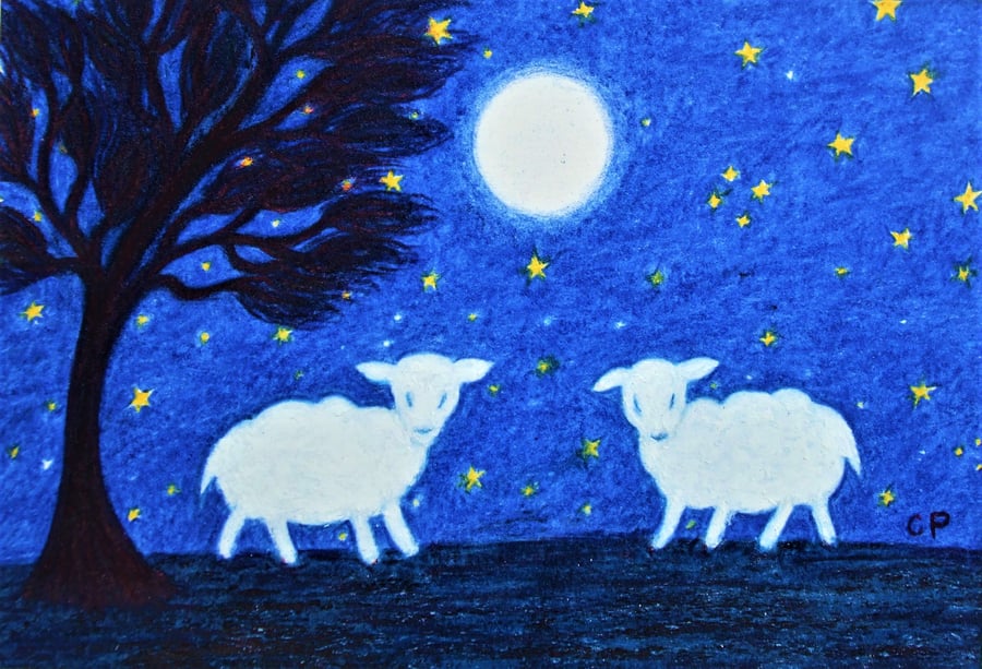 Sheep Card, Lamb Card, Children's Art Card, Moon Stars Card, Animals