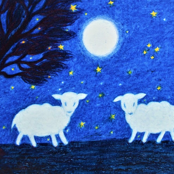 Sheep Card, Lamb Card, Children's Art Card, Moon Stars Card, Animals