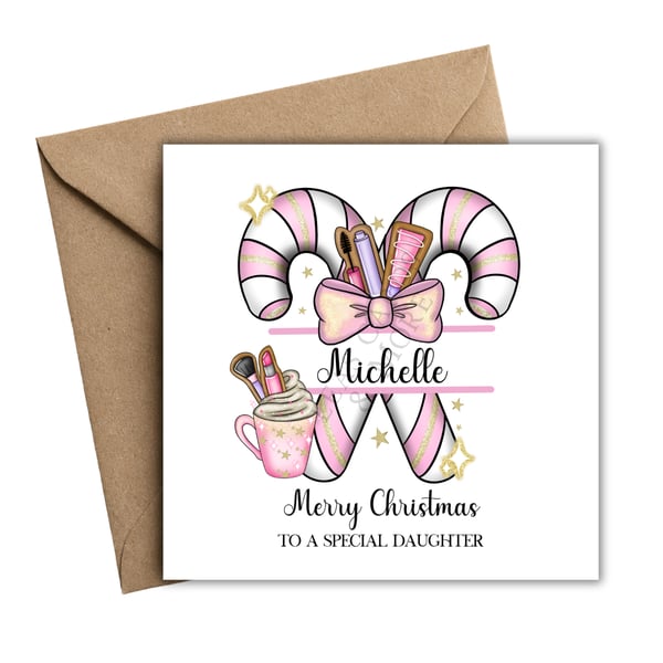 Pink Make Up Candy Cane Merry Christmas Card