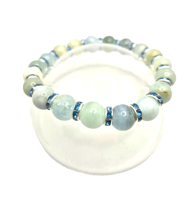 Amazonite bead stretchy bracelet with blue faux crystal rondelles