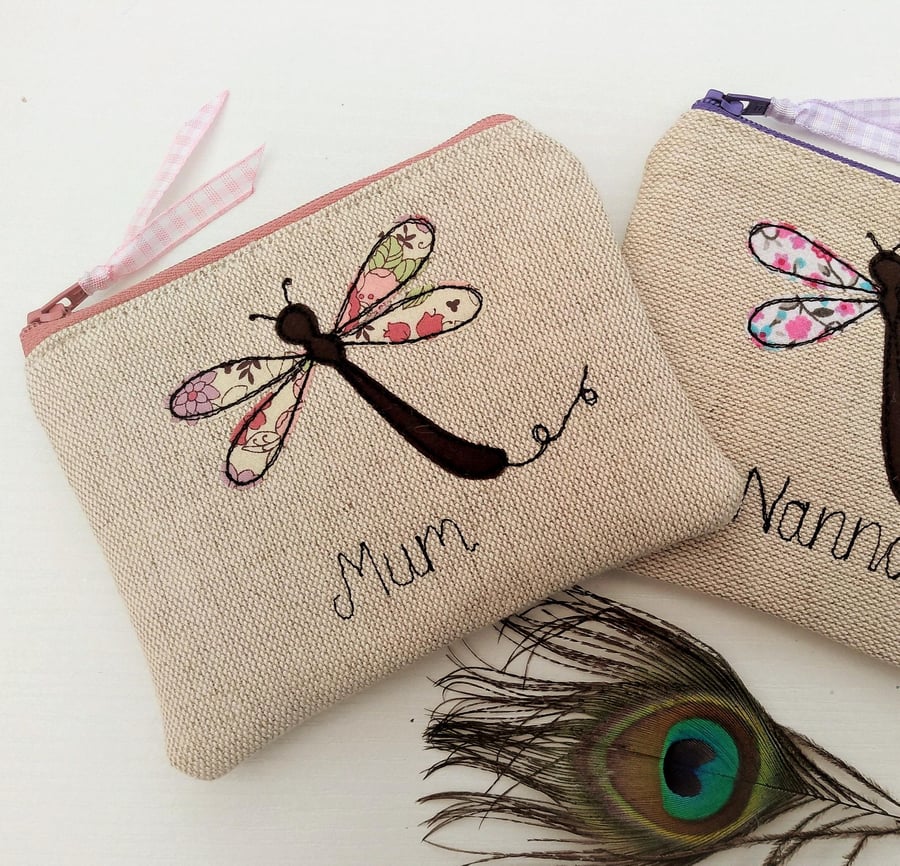 Personalised Dragonfly Coin Purse - Card Wallet Pouch on Oatmeal Linen