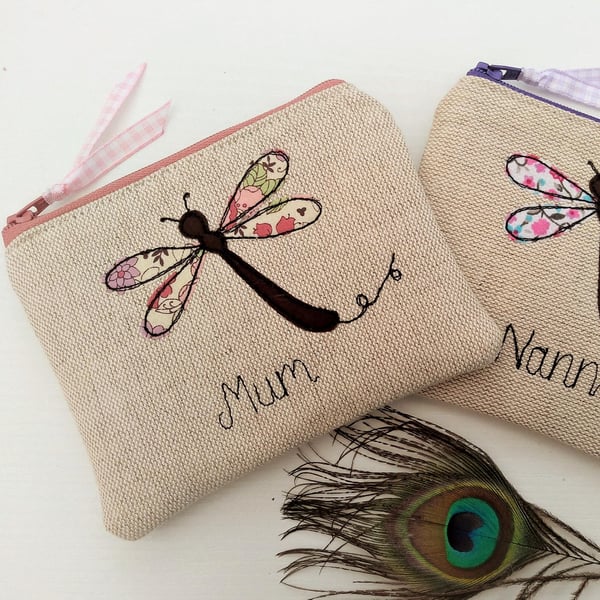 Personalised Dragonfly Coin Purse - Card Wallet Pouch on Oatmeal Linen