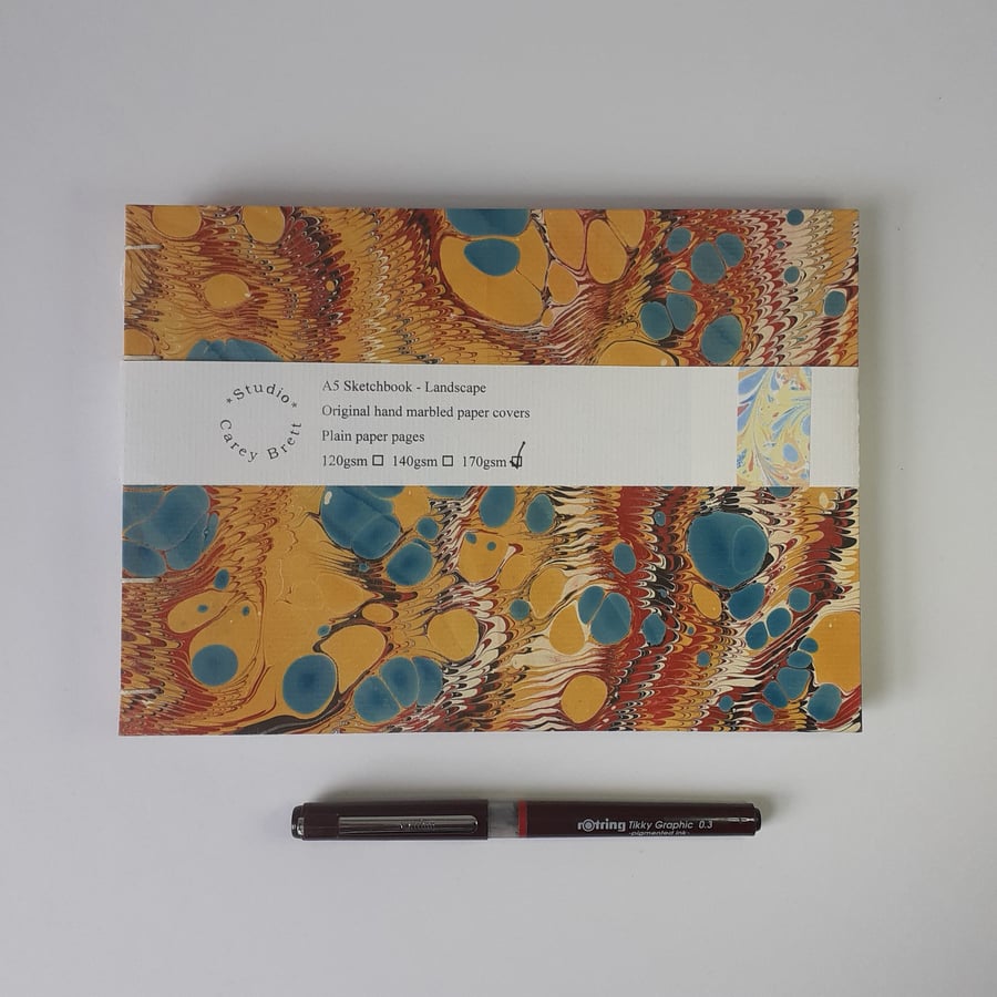 Unique A5 sketchbook with hand marbled paper co... Folksy