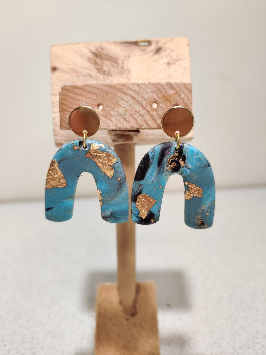 Marble aqua gold hollow arch dangles 