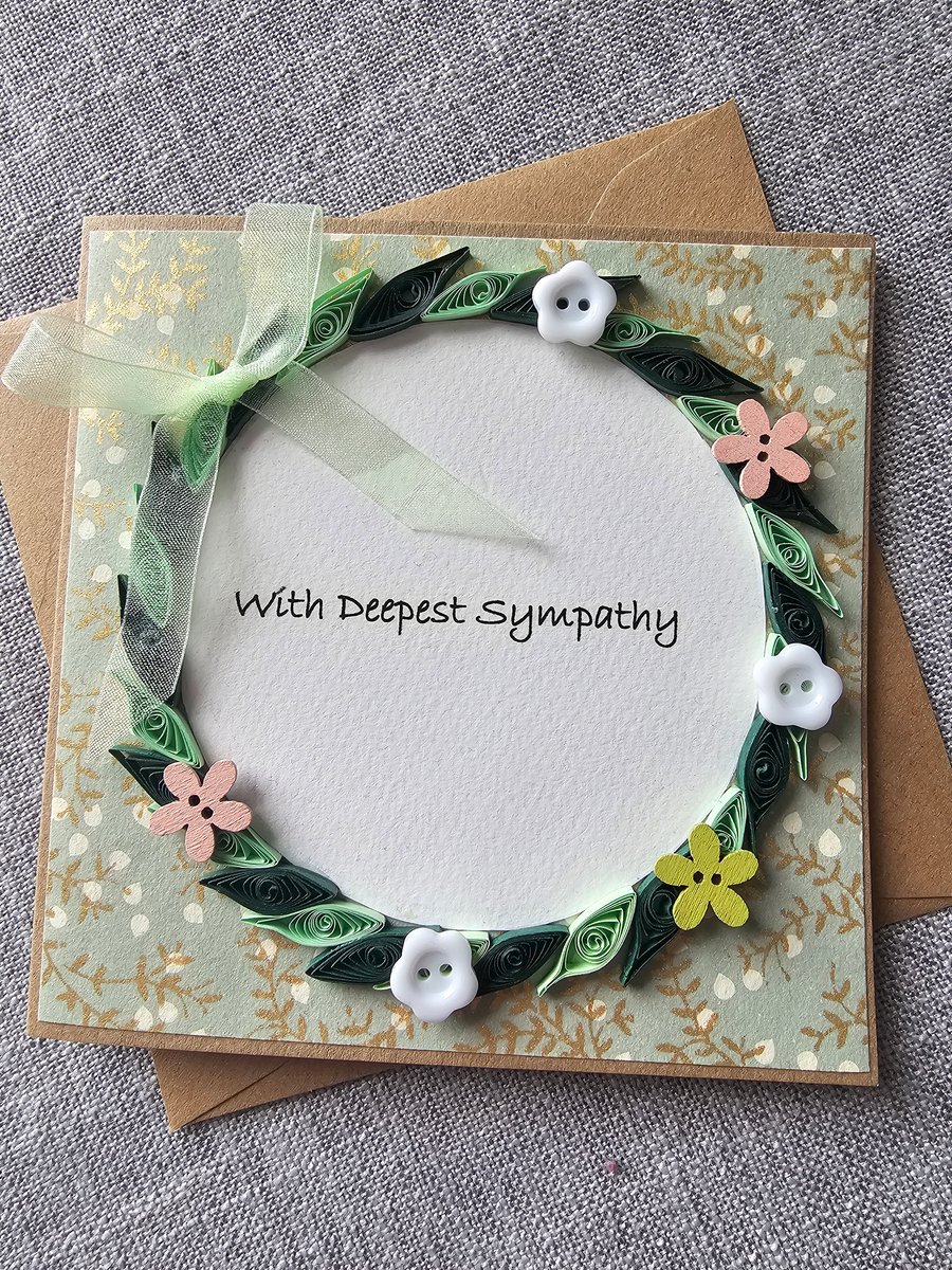 Quilled Wreath Sympathy Card with Flower Buttons Size 5"x 5" (12.5cm x 12.5cm)