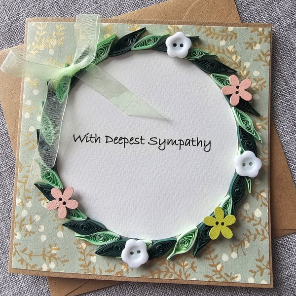 Quilled Wreath Sympathy Card with Flower Buttons Size 5"x 5" (12.5cm x 12.5cm)