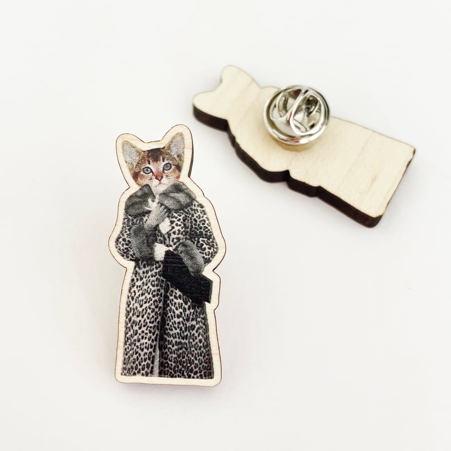 Wooden Cat Brooch, Leopard Print Pin