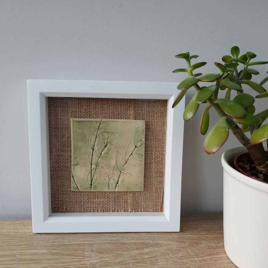 Framed Ceramic Botanical Tile – Glossy Green Leaves