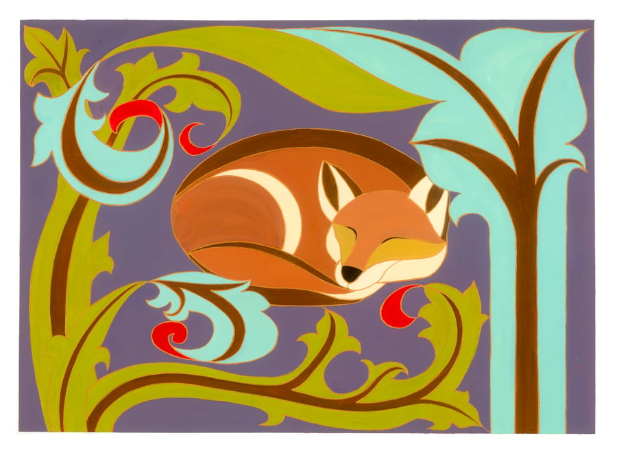 Sleeping fox, art nouveau, A3 giclée print