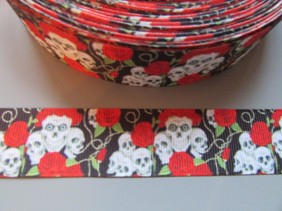 Skull and Red Roses Grosgrain Ribbon x 1 metre