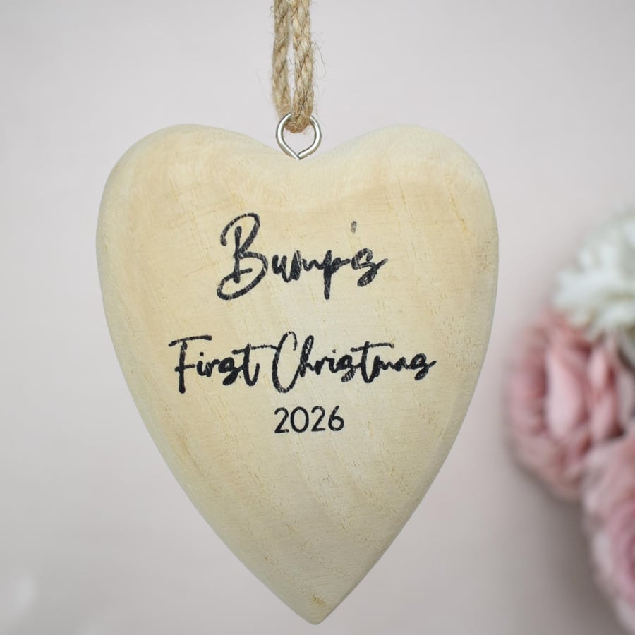 Bump's First Christmas 2026 Wooden Heart Pregnancy Christmas Ornament