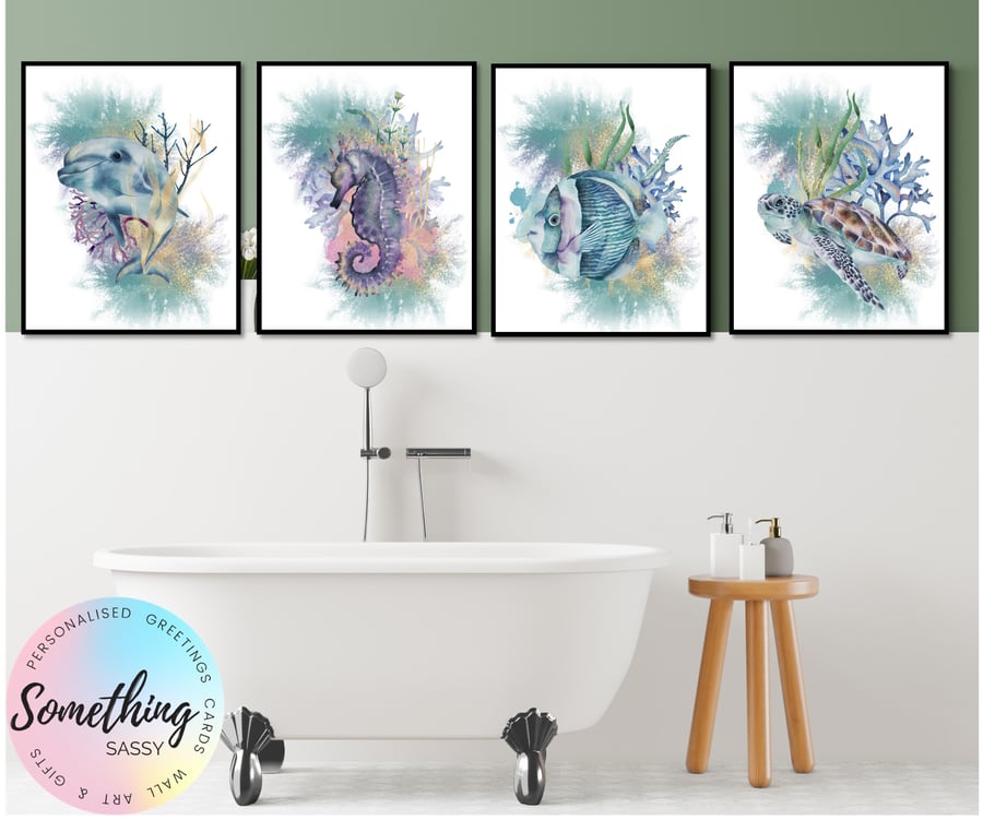 Set of 4 Under the Sea, Ocean Life themed watercolour wall art prints