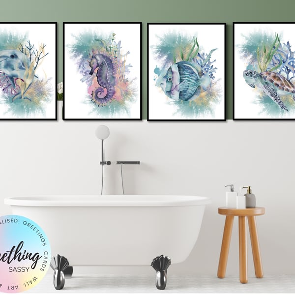 Set of 4 Under the Sea, Ocean Life themed watercolour wall art prints