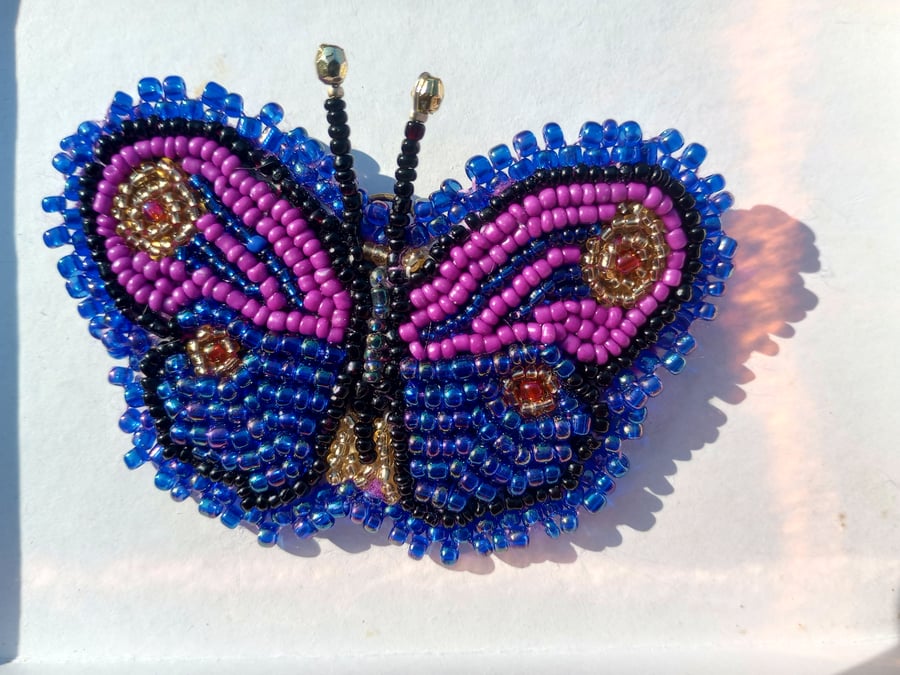 Sparkly purple and blue shiny butterfly brooch pin pendant glass beads