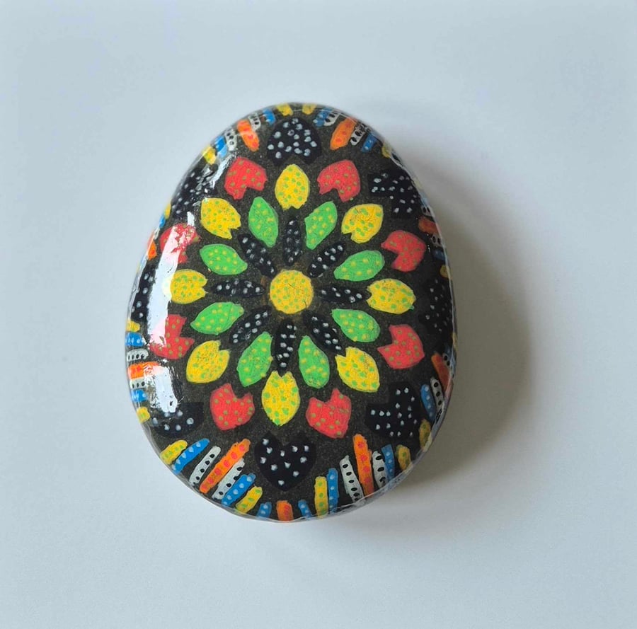 Large hand painted pebble mandala design  5" x 4"