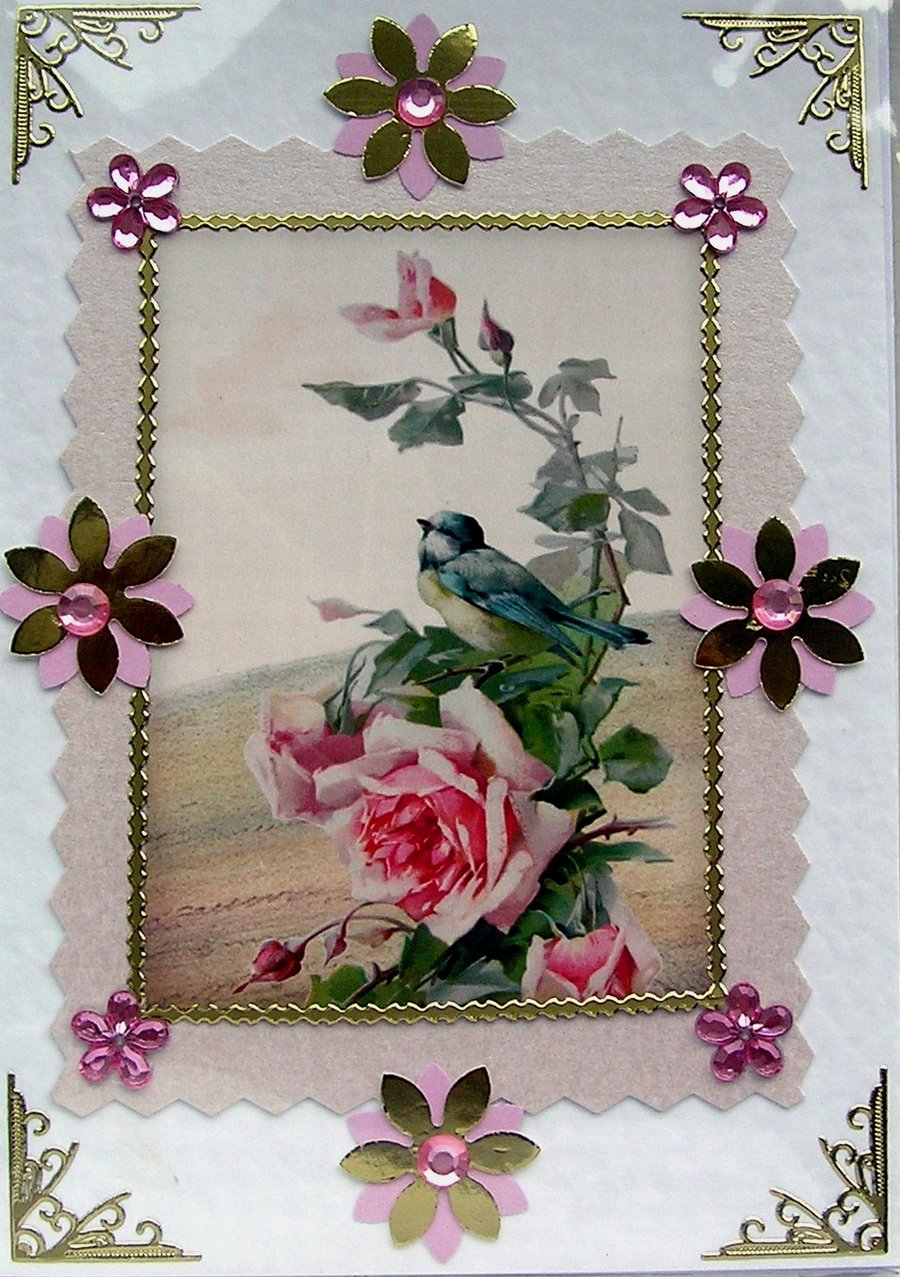 Bird Blue Tit - Hand Crafted Decoupage Card - Blank for any Occasion (2710)