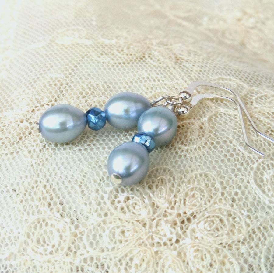 Pastel blue pearl & pyrite silver earrings