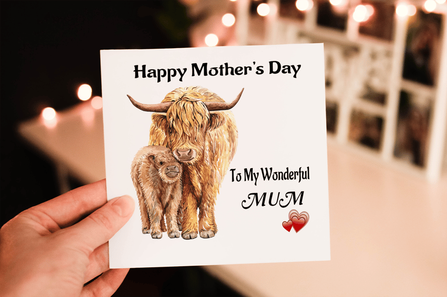 Highland Cow Mother's Day Card, Wonderful Mum, Card for Mum, Cow Card