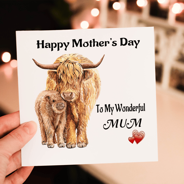 Highland Cow Mother's Day Card, Wonderful Mum, Card for Mum, Cow Card