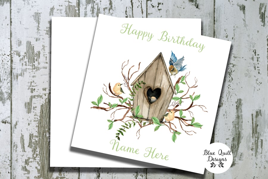 Bird Box Garden Themed Watercolour Print Personalised Birthday Card