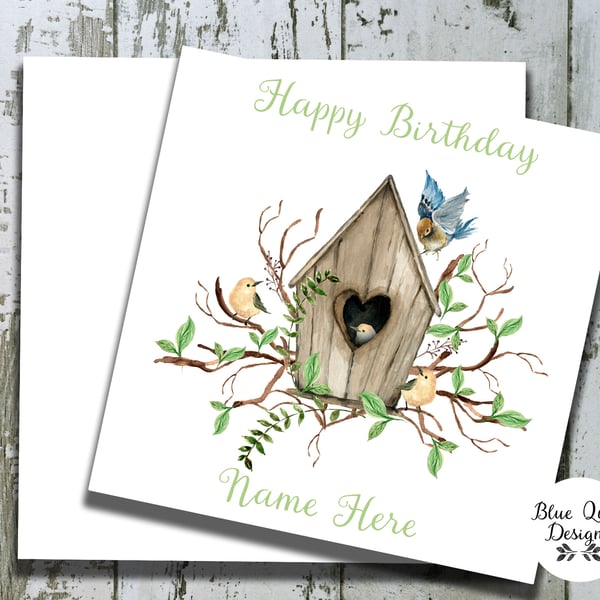 Bird Box Garden Themed Watercolour Print Personalised Birthday Card