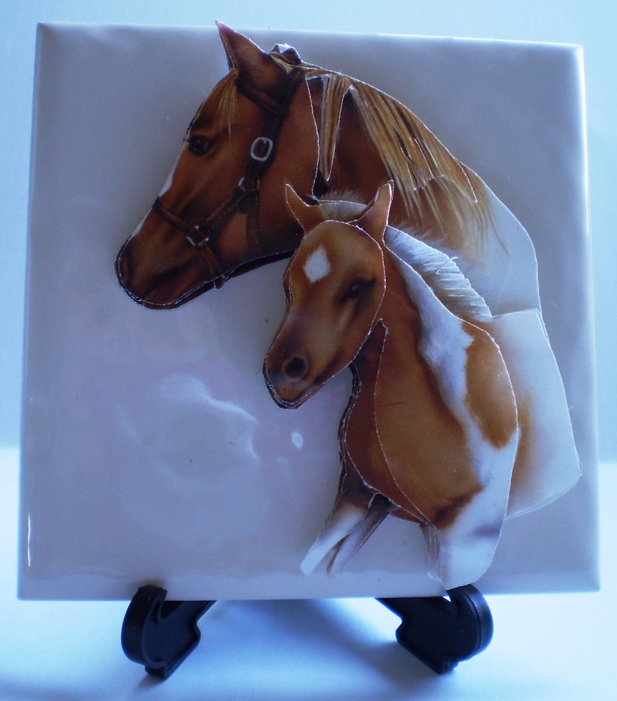Handmade Decoupage,3D, Horse and Foal Tile, Gift, Personalise