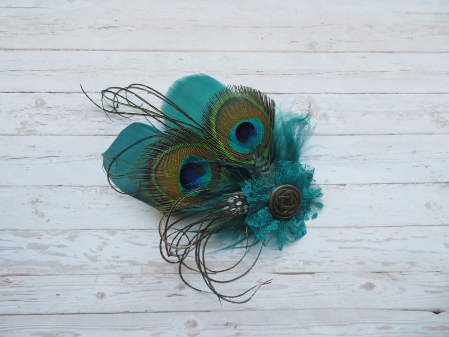 Dark Teal Green Peacock Feather Celtic Hair Hat Clip 