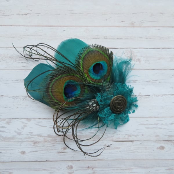 Dark Teal Green Peacock Feather Celtic Hair Hat Clip 