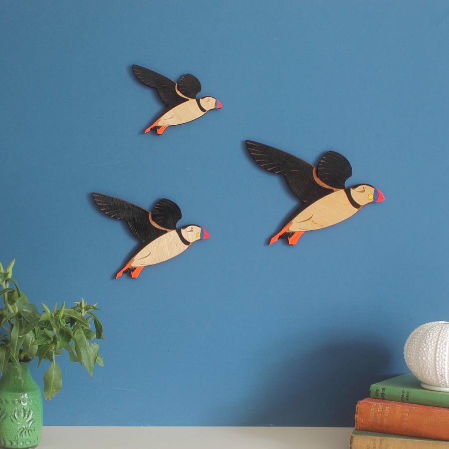 Flying wooden Puffins - Wall decor Hangings