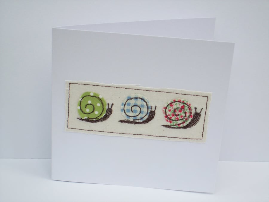 Three little snails card - Machine Embroidered