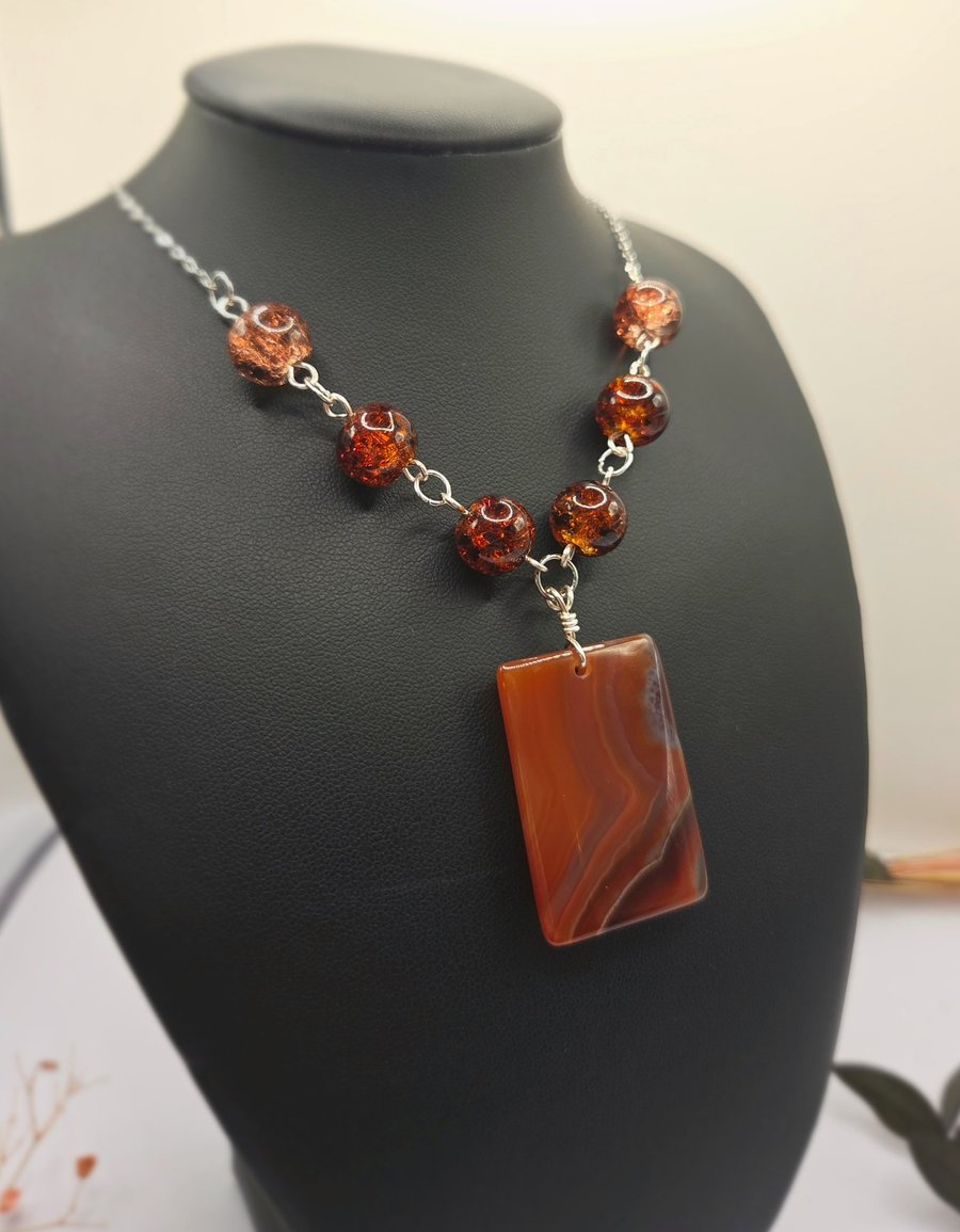 Handmade Banded Carnelian Agate Pendant Necklace With Crackle Glass Beads
