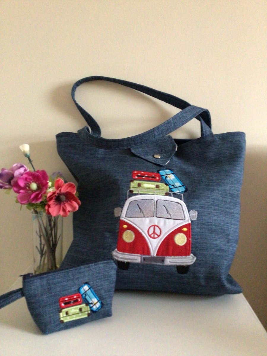 Volkswagen appliquéd tote bag. Large. Denim.