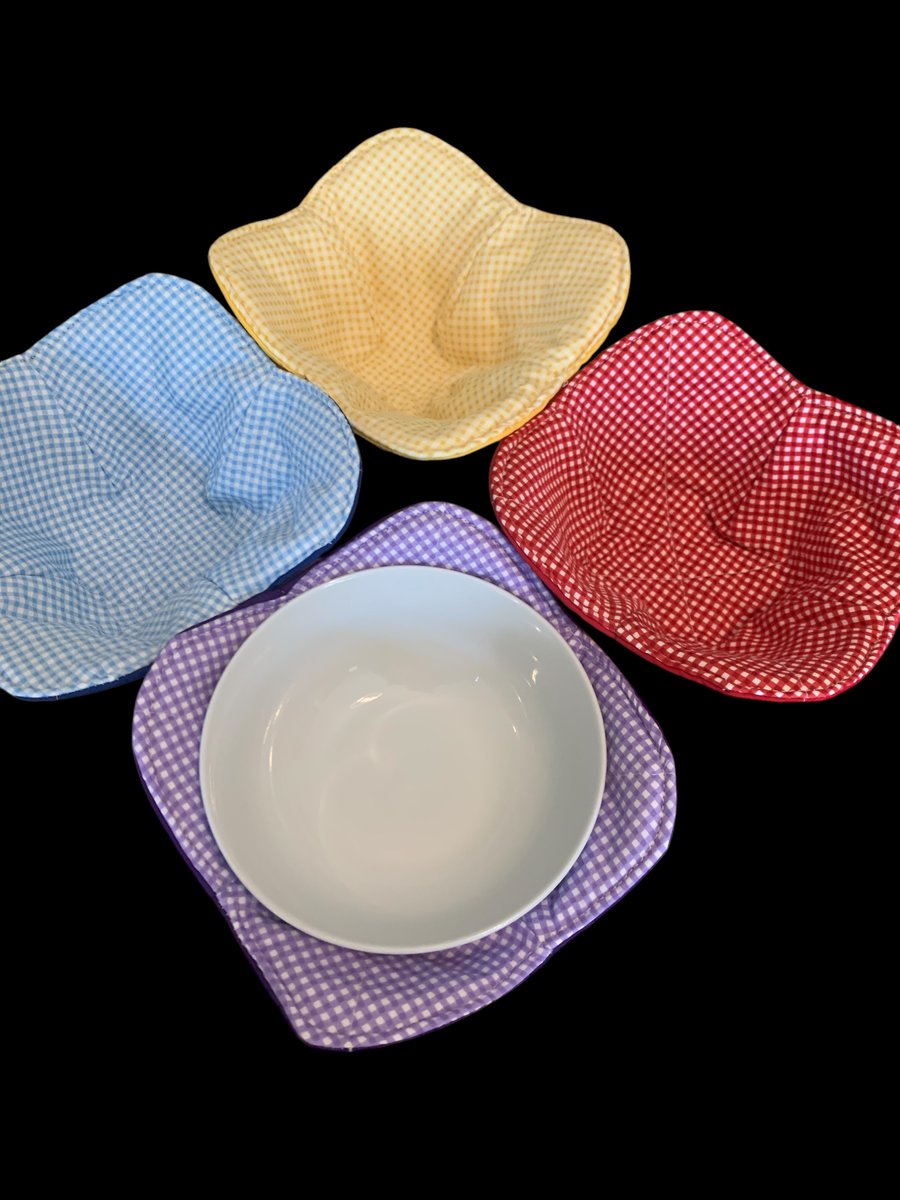 4 Quilted bowl cosies for Soup, porridge or Noodles in gingham