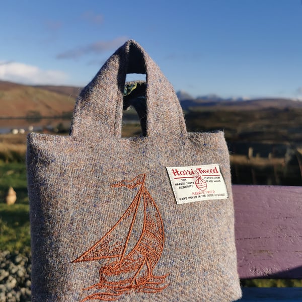 Harris Tweed Little Lady Bag with with sailing boat 