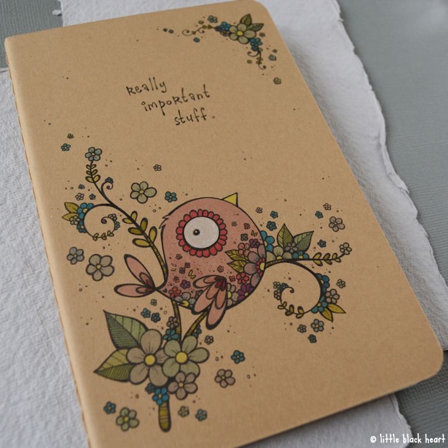 pocket notebook with original illustration - tattoo bird