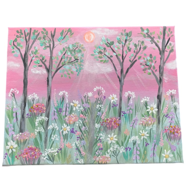 Pink Floral Landscape Acrylic Painting 