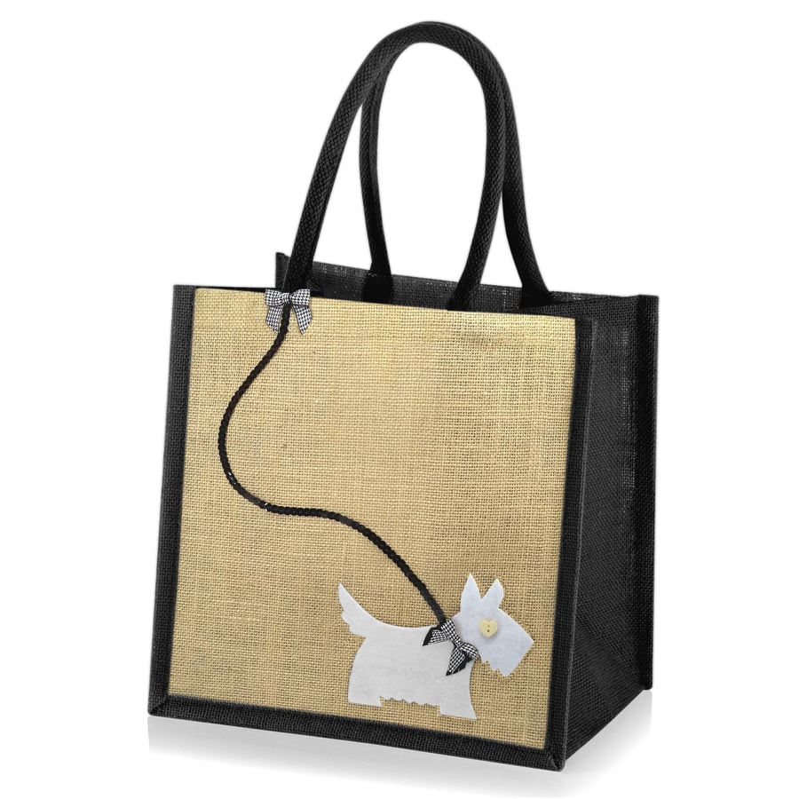 Medium Jute Hessian Black Trim Shopping Bag Decorated with a White Westie Dog