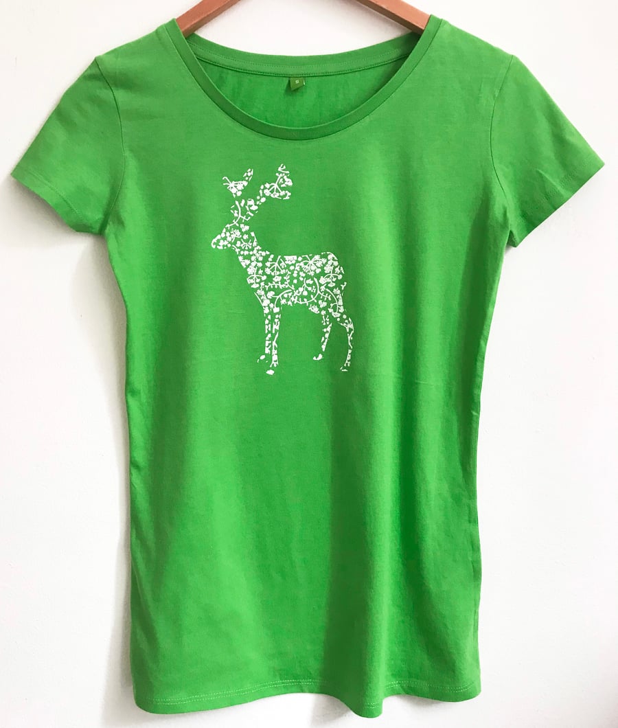 SALE Reindeer Women's green cotton ethical T shirt short sleeve scoop neck 